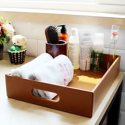Caramel Leather Rectangular Multi-Purpose Tray | Modern Hotel Style Organizer