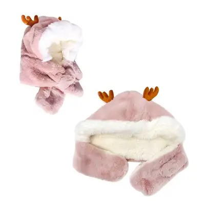Cute Rudolf Hood Scarf - Pink (Warm Ear Cover Winter Hoodie Muffler)