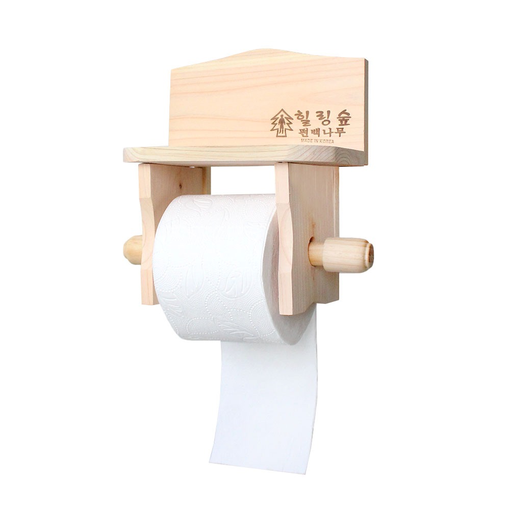 Domestic Hinoki Wood Wall-Mounted Toilet Paper Holder with Shelf - Natural Wood Bathroom Accessory