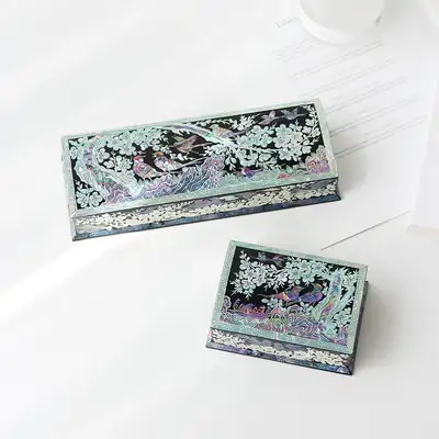 螺鈿漆器 梅花 自動 貝殻筆箱+名刺入れ(黒)