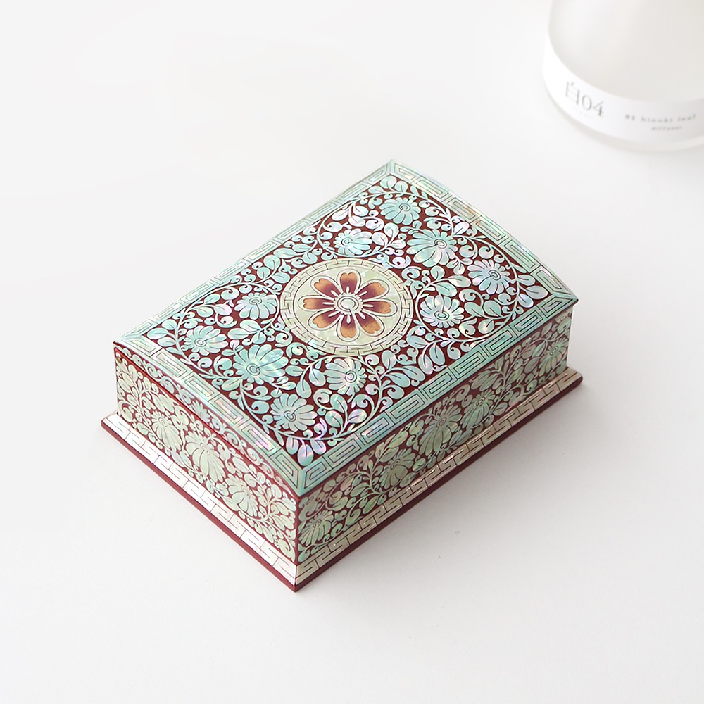 Mother-of-Pearl Lacquerware Colored Floral Arabesque Auto Business Card Holder (Red)