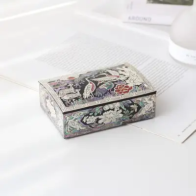 螺鈿漆器 彩色松鶴図 貝殻名刺函