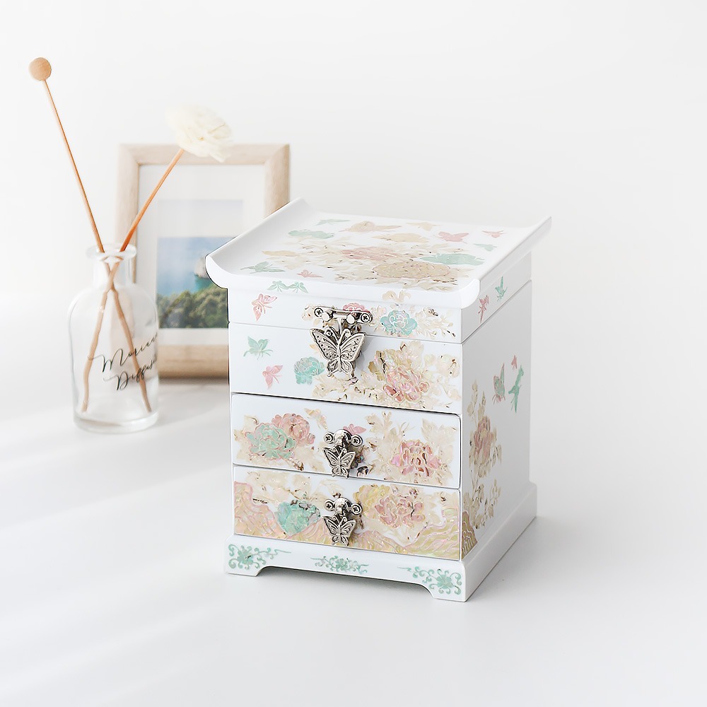 Mother-of-Pearl Lacquerware Pastel Peony White Drawer Jewelry Box