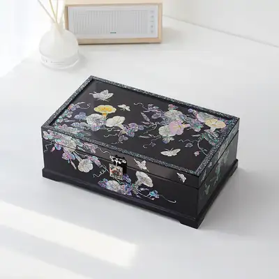 高級螺鈿漆器 朝顔文様 螺鈿装飾 2段ジュエリーボックス 30cm