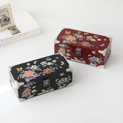 螺鈿漆器 彩色牡丹蝶々装飾 貝製ジュエリーボックス 24cm
