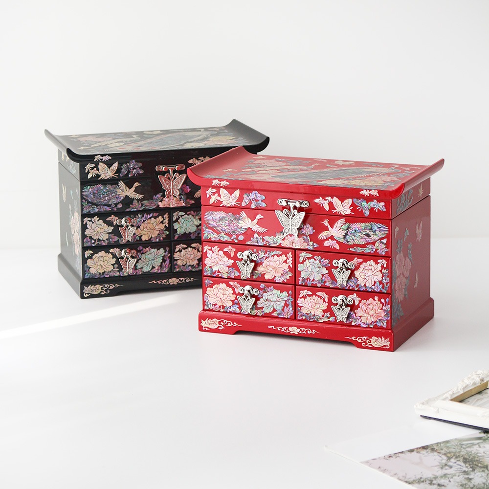 Nacre Lacquerware Peacock Flower 4-Drawer Jewelry Box (Medium) by Park's Sangbang
