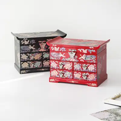 螺鈿漆器 孔雀花 4段引き出し 貝殻ジュエリーボックス(中)