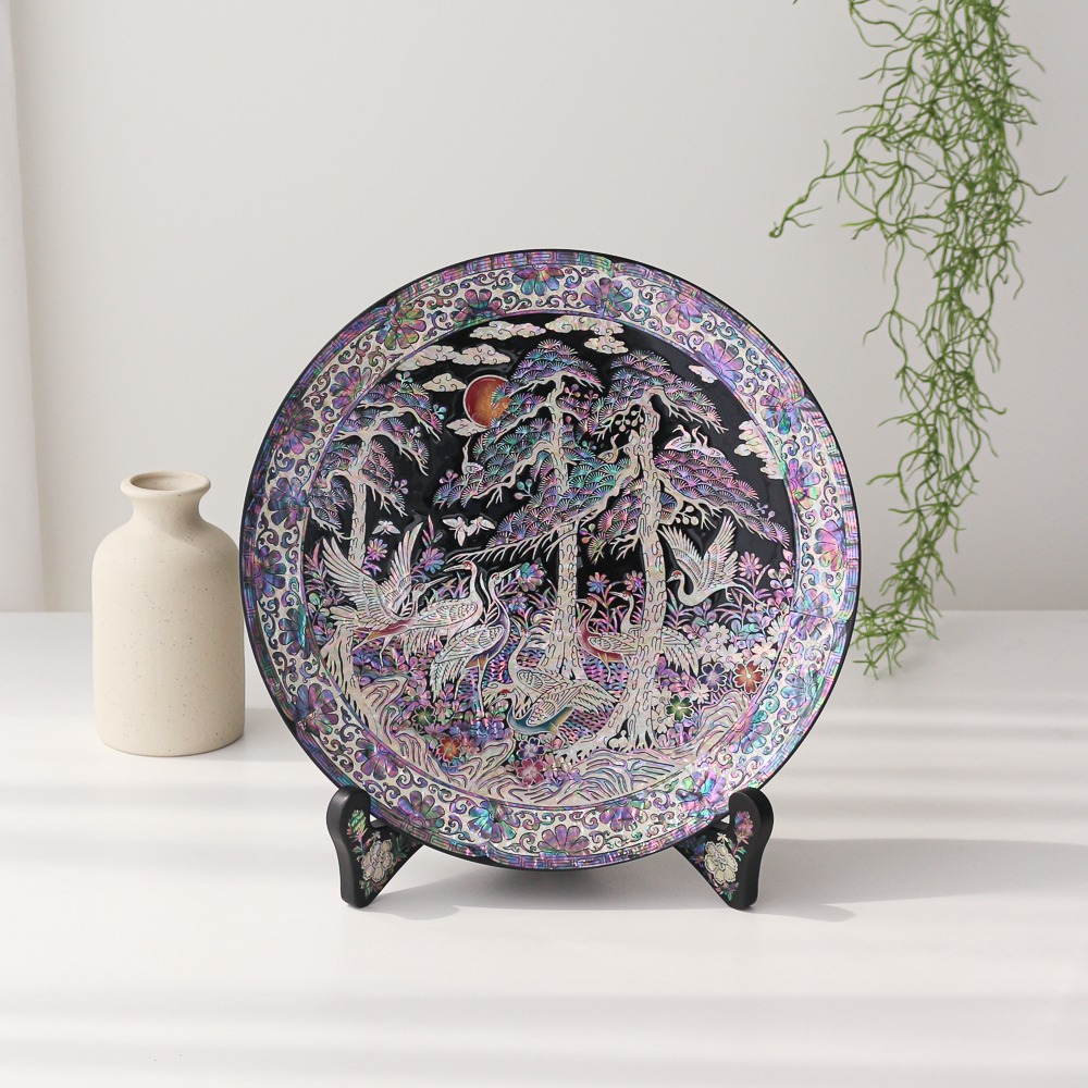 Inlaid Lacquerware Crane and Pine Decorative Round Mother-of-Pearl Tray 30cm