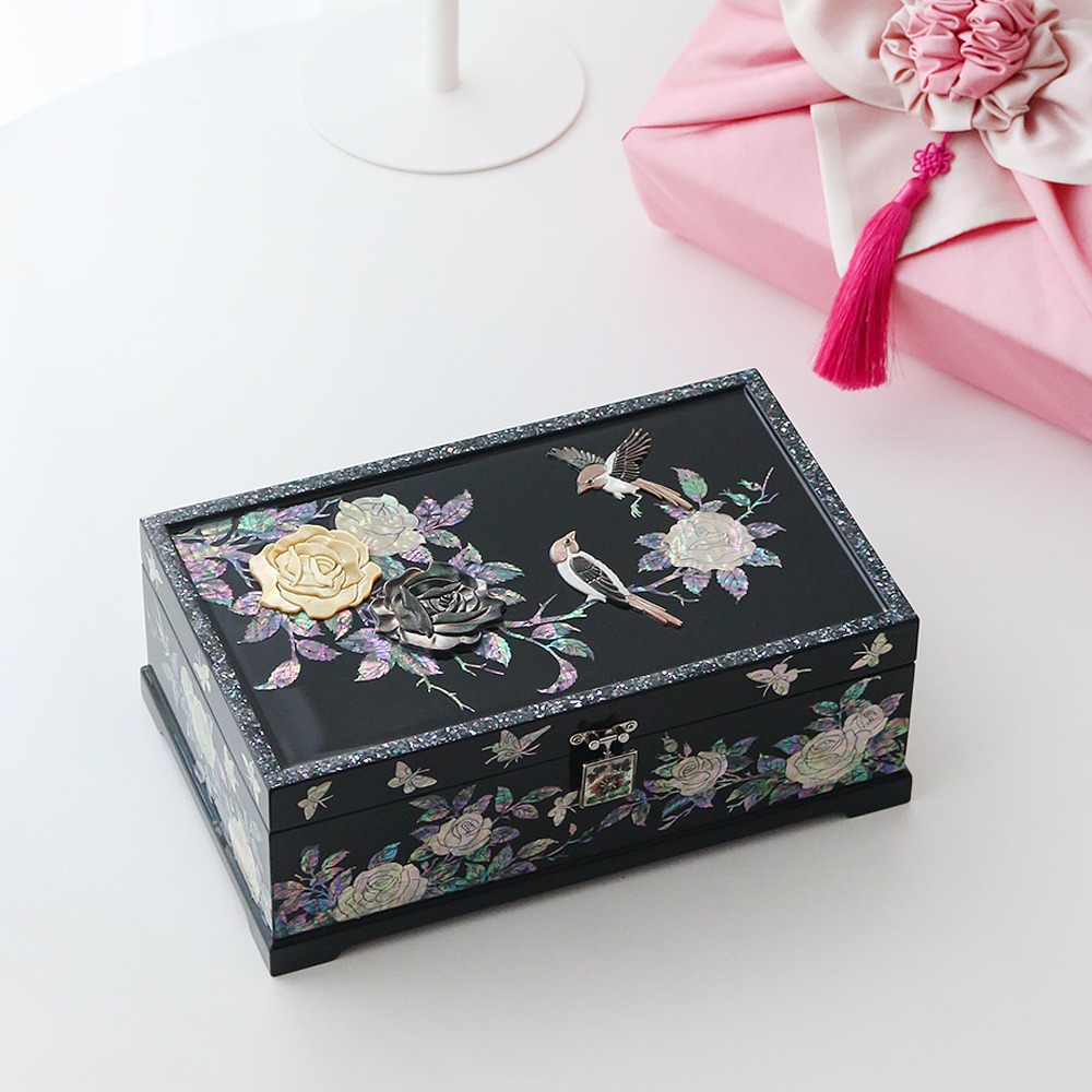 Premium Nacre Lacquerware Mother-of-Pearl Jewelry Box with Rose Design, 2-Tier, 30cm