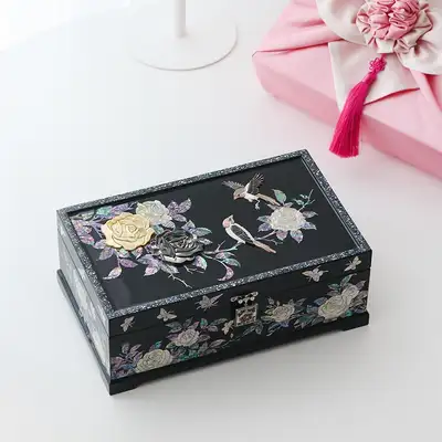 高級螺鈿漆器 円盤 バラ 2段 貝殻ジュエリーボックス 30センチ