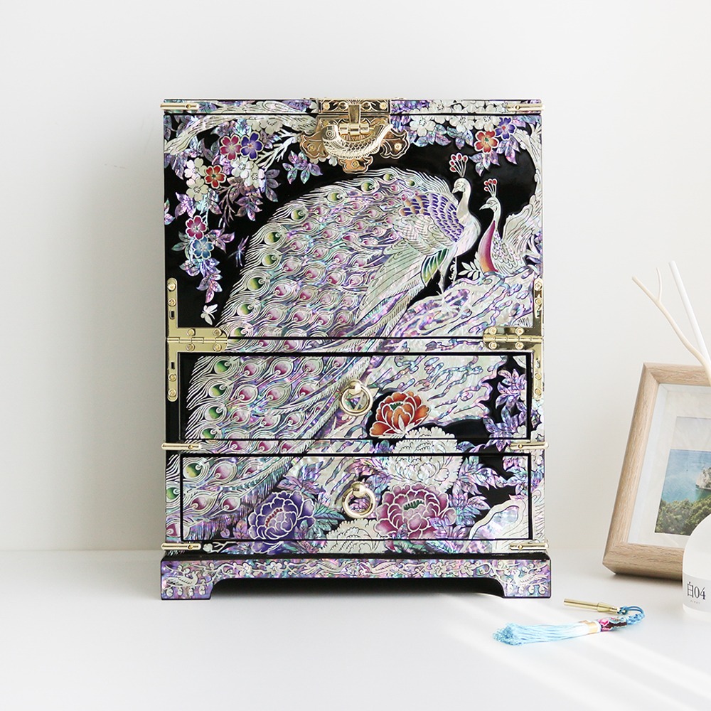 Premium Lacquerware with Mother-of-Pearl Peacock Half-Fold Drawer Jewelry Box (Extra Large) - Artisan Jang Tae-bok