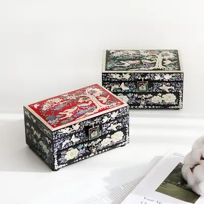 (ラン ジェ)螺鈿漆器 梅花に蝶 1段引き出し 貝殻ジュエリーボックス 16センチ