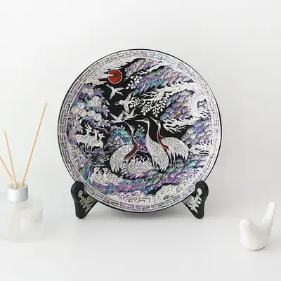 螺鈿漆器 十長生図 装飾用 貝細工盆(中) 黒 25センチ