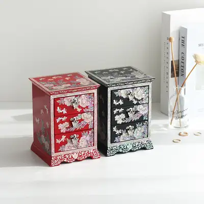 螺鈿漆器 牡丹花唐草紋 3段引き出し 貝殻ジュエリーボックス