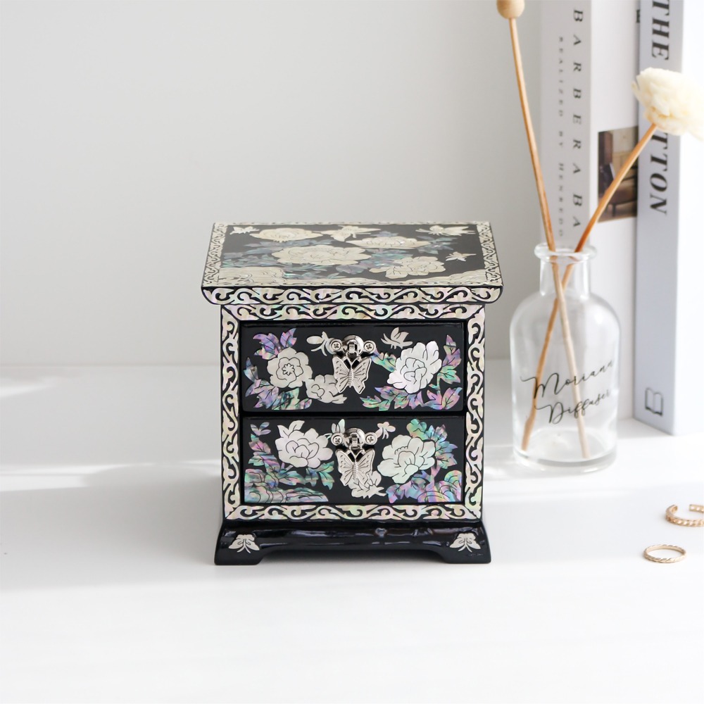 Mother-of-Pearl Lacquerware Peony Butterfly 2-Drawer Jewelry Box, Black