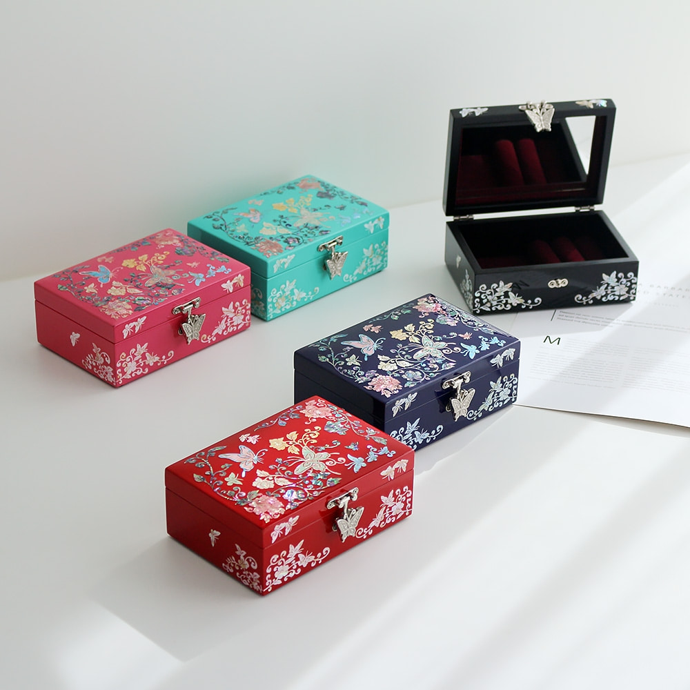 Vivid Butterfly and Flower Motif Mother-of-Pearl Lacquerware Jewelry Box 14.5cm