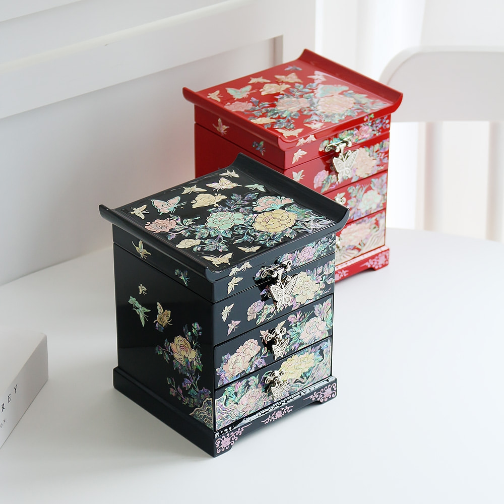 Mother-of-Pearl Lacquerware Peony Vivid 2-Drawer Inlay Jewelry Box