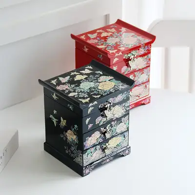 螺鈿漆器牡丹花ビビッド2段引き出し貝殻ジュエリーボックス