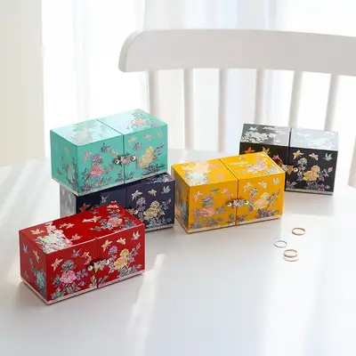 螺鈿漆器 カラー牡丹花 ミニ双合 貝細工ジュエリーボックス