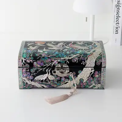 ナジョン漆器 彩色松鶴 転がし 特大型 貝細工ジュエリーボックス 検 30センチ
