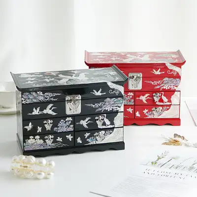 螺鈿漆器 松鶴 4段引き出し 螺鈿ジュエリーボックス(特大) 螺鈿ボックス アクセサリー収納ボックス