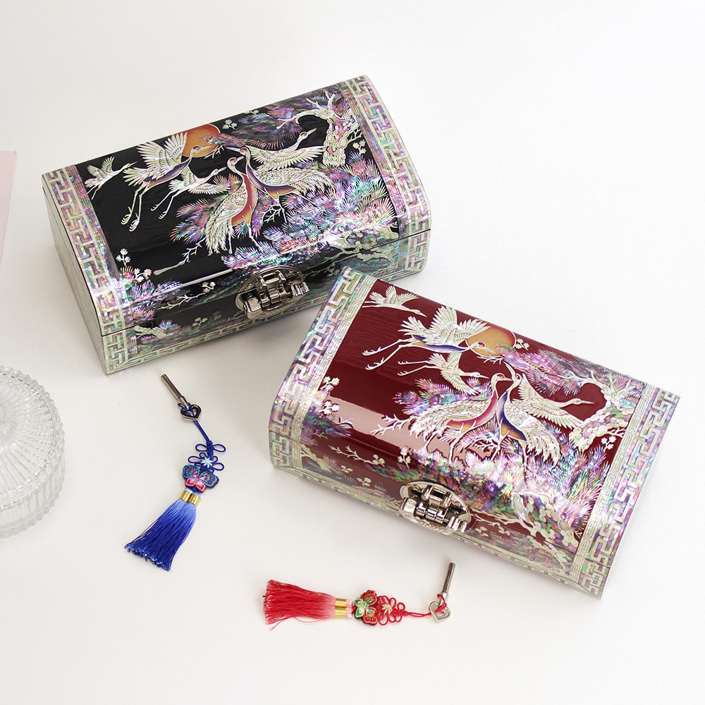 Najeon Chilgi Rolling Crane and Pine Mother-of-Pearl Jewelry Box (24cm) by Intangible Cultural Property Artisan Jang Tae-bok