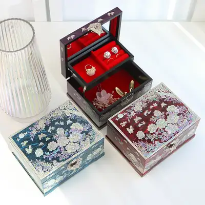 螺鈿漆器 牡丹花蝶 韓紙 貝殻ジュエリーボックス 18センチ