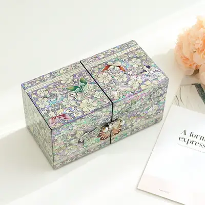 螺鈿漆器 彩色蝶々 双合 貝細工ジュエリーボックス(大)