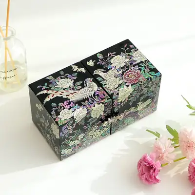 螺鈿漆器 金鶏牡丹 双合 貝細工ジュエリーボックス(大)