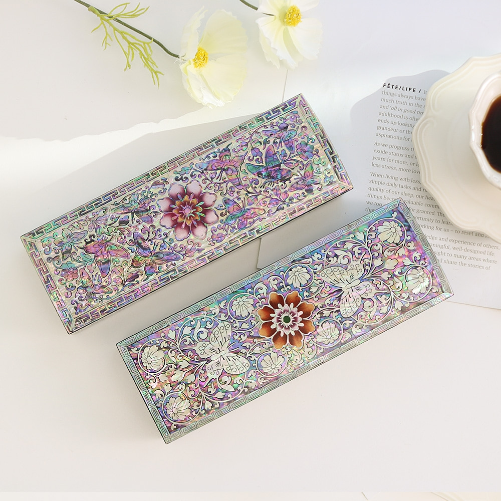 Lacquerware Mother-of-Pearl Inlay Butterfly and Floral Scroll Pen Case - Korean Souvenir Gift