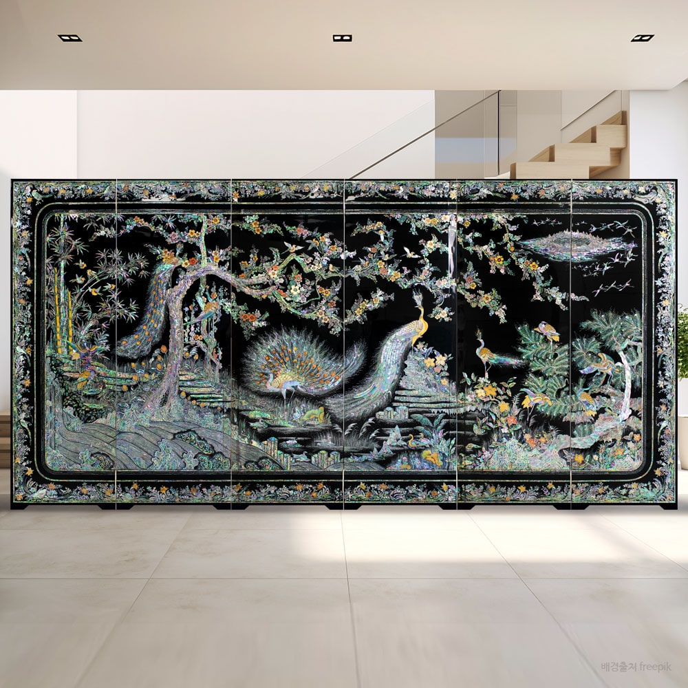 Inlaid Lacquerware Plum Blossom and Peacock Six-Panel Mother-of-Pearl Screen 159cm