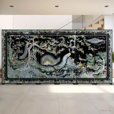 螺鈿漆工梅と孔雀図衝立 6曲 貝細工屏風 159cm
