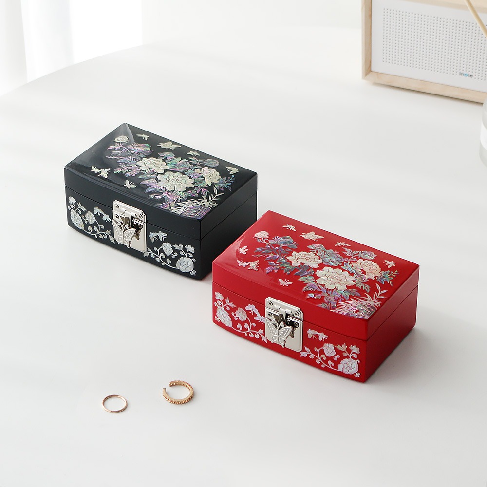 Lacquerware Mother-of-Pearl Jewelry Box (14cm) Peony and Plum Blossom Design