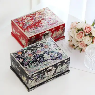 螺鈿漆器 彩色梅花 貝殻ジュエリーボックス 18センチ