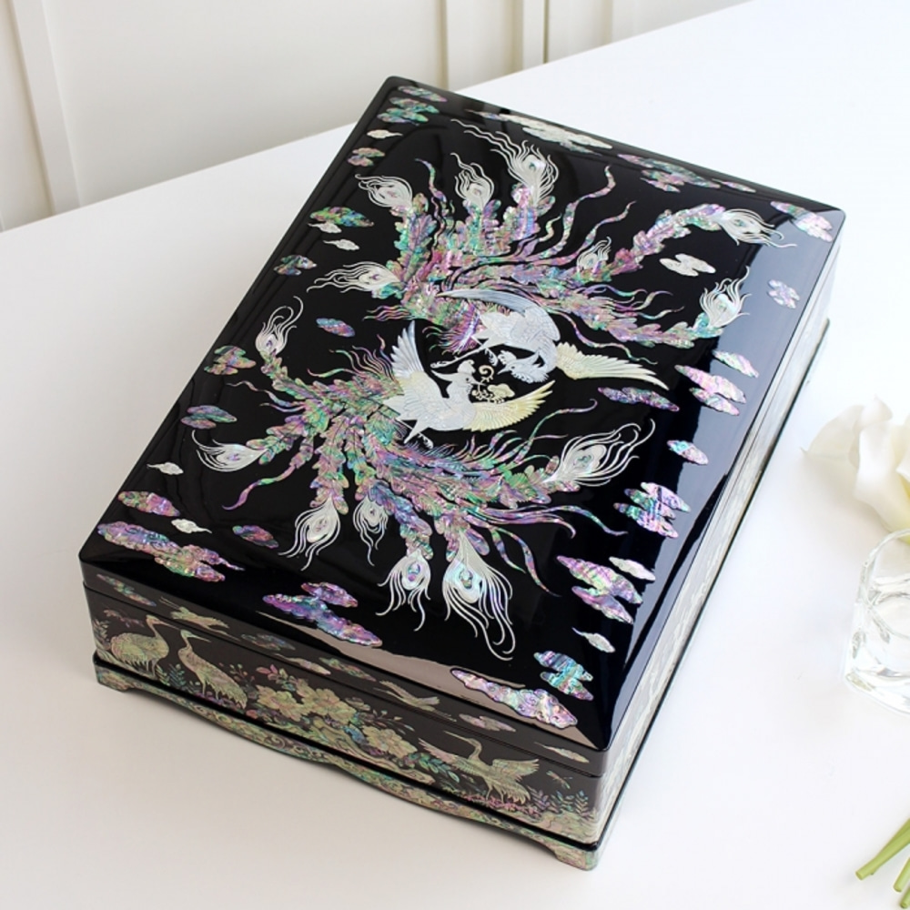 Mother-of-Pearl Lacquerware Extra-Large Golden Rooster Shell Box & Document Holder