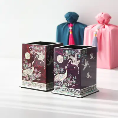 螺鈿漆器 韓紙 松鶴 貝殻 ペン立て＆鉛筆立て