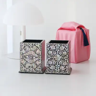螺鈿漆器 双鶴｜牡丹唐草 貝殻象嵌 ペンシルスタンド&ペンホルダー
