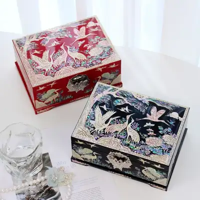 螺鈿漆器 松鶴カラー 2段 螺鈿ジュエリーボックス 18cm