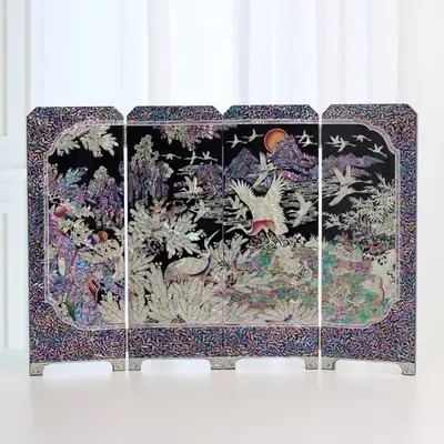 螺鈿漆器十長生 4曲 装飾用貝殻屏風 特大(장태복 文化財 機能人作品)