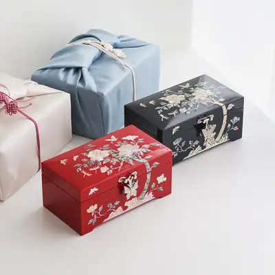 螺鈿漆器 ミニ 1段 貝殻ジュエリーボックス(15cm) 牡丹(リング立て付き)