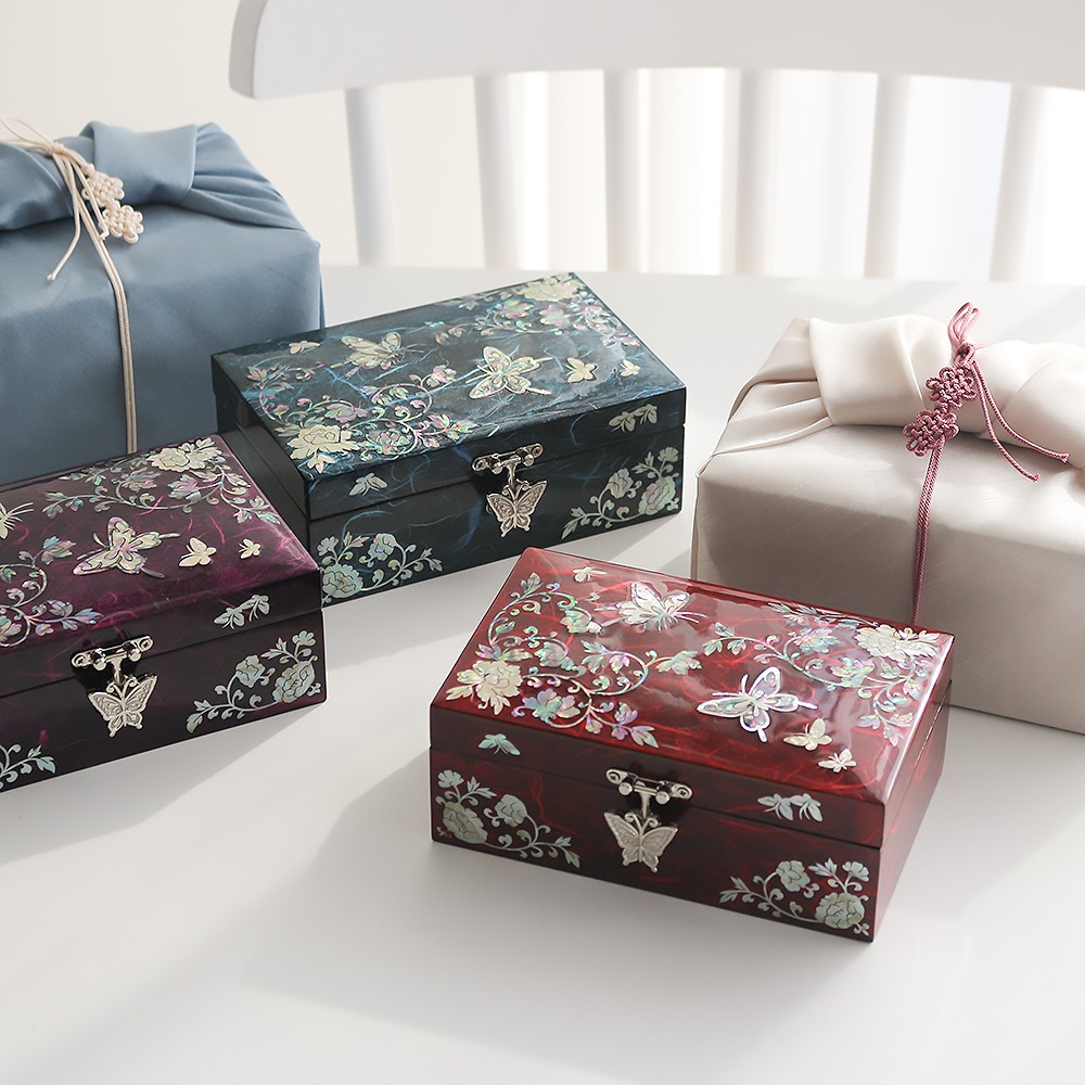 Nacheon Lacquerware Korean Hanji Butterfly Peony Flower Jewelry Box 16cm Shell Inlay Accessory Storage Box