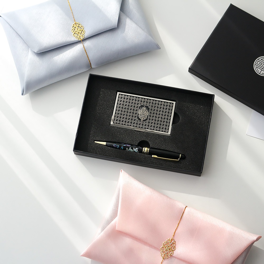 (Set of 2) Gift Metal Business Card Case (Silver) + Mother-of-Pearl Ballpen Set