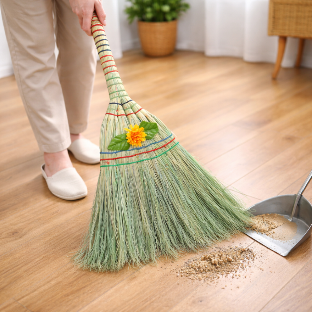 85cm Green Flower Broom (Long Handle Broom for Salon Office Classroom School Outdoor Cleaning Yard Broom)