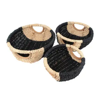3-Piece Two-Tone Round Handle Seagrass Rattan Basket Set