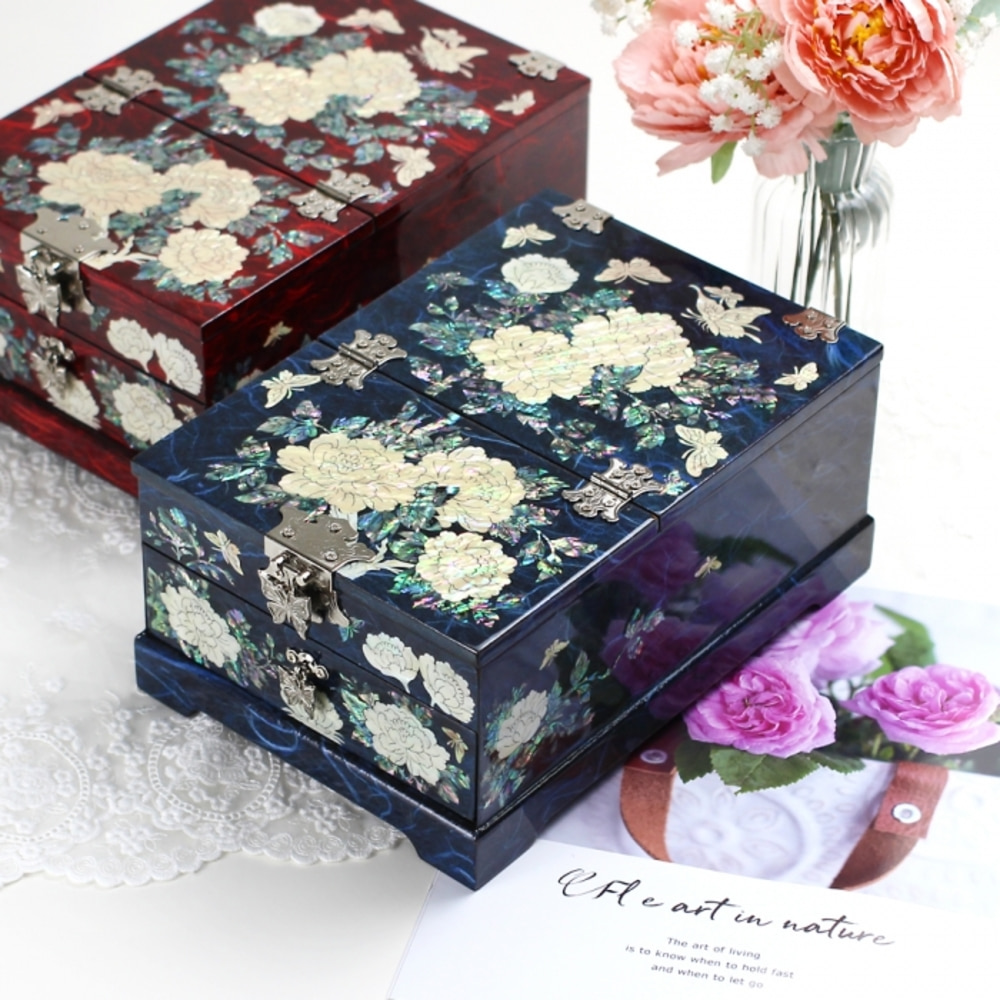 Mother-of-Pearl and Lacquer Hanji Mirror Stand Jewelry Box with Peony Pattern (Extra Large) - Accessory Storage Box