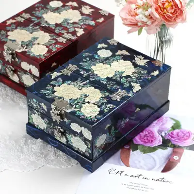 螺鈿漆器 引き出し式 牡丹 韓紙鏡台 螺鈿ジュエリーボックス(特大) 螺鈿ボックス アクセサリー収納ボックス
