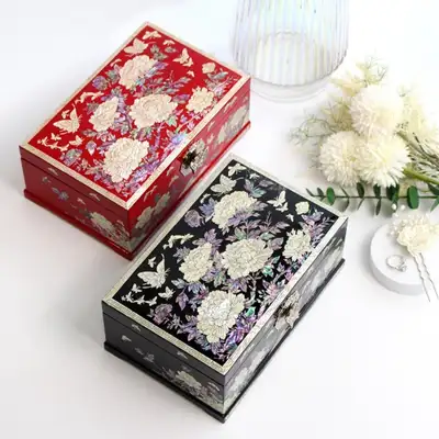 螺鈿漆器 牡丹花 2段 貝殻ジュエリーボックス 24cm 貝殻ボックス アクセサリー収納ボックス 結納ボックス