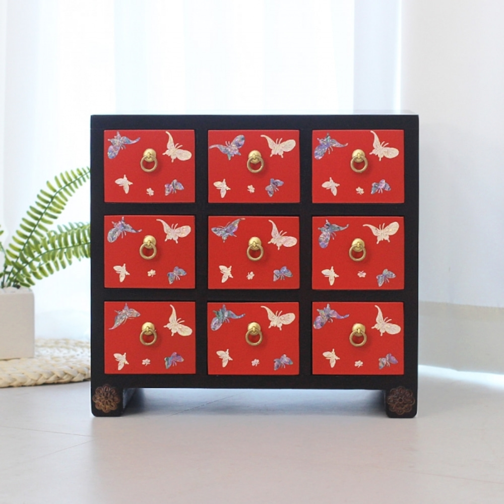 Mother-of-Pearl Butterfly 9-Compartment Mini Medicine Cabinet Red D Traditional Korean Antique Wooden Furniture
