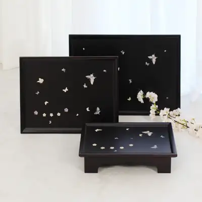 天然木 アンティーク螺鈿蝶 茶器台