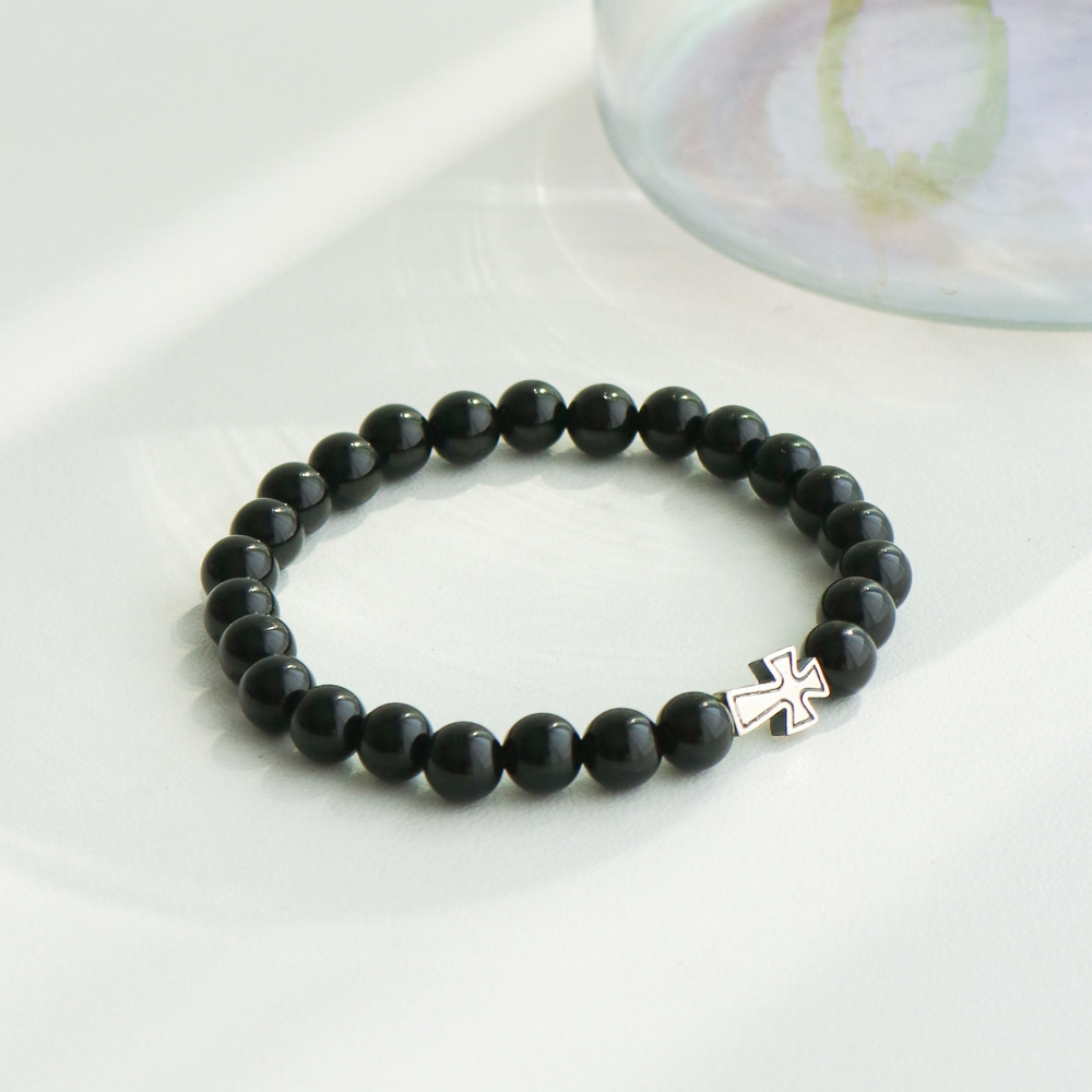 AAA Onyx Silver Cross Raw Stone Bracelet 6mm Power Stone Natural Stone Prayer Beads